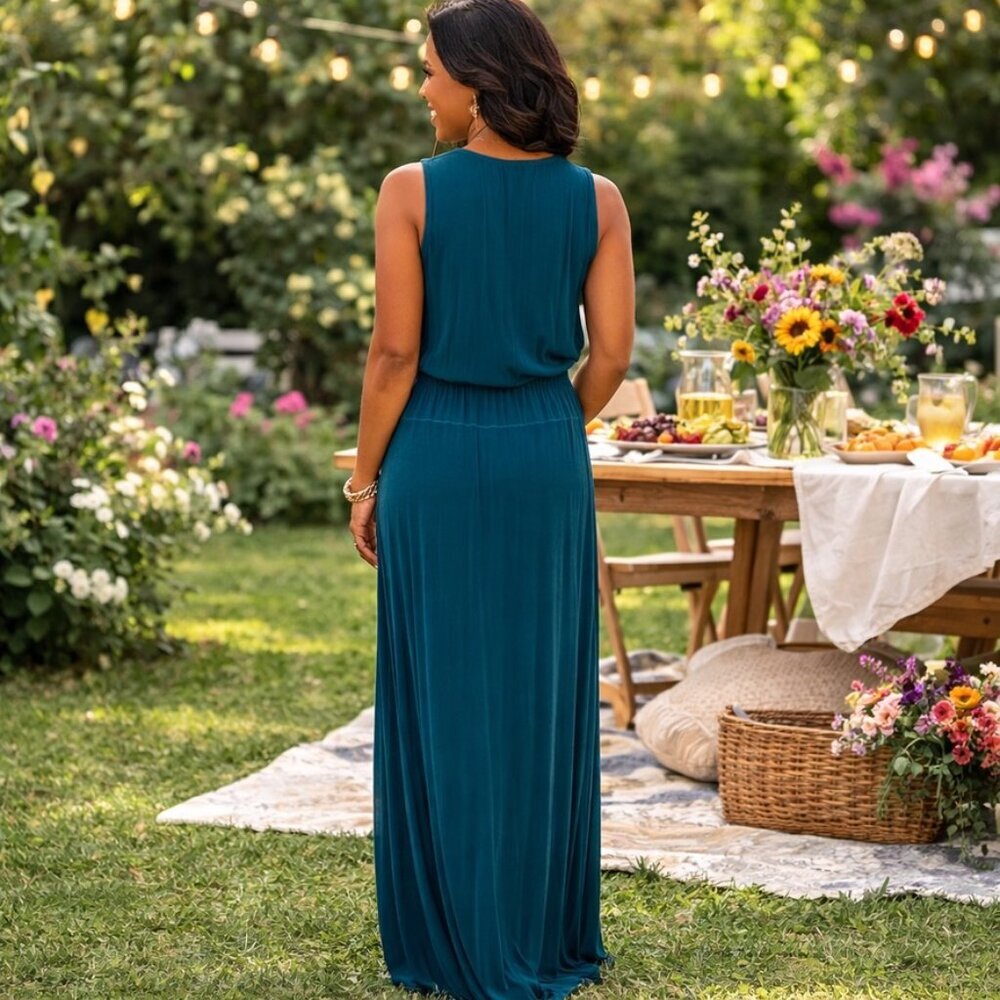 Splendid Faux Wrap V Neck Floor Length Romantic Flattering Waist Dress Resort - Picture 3 of 11